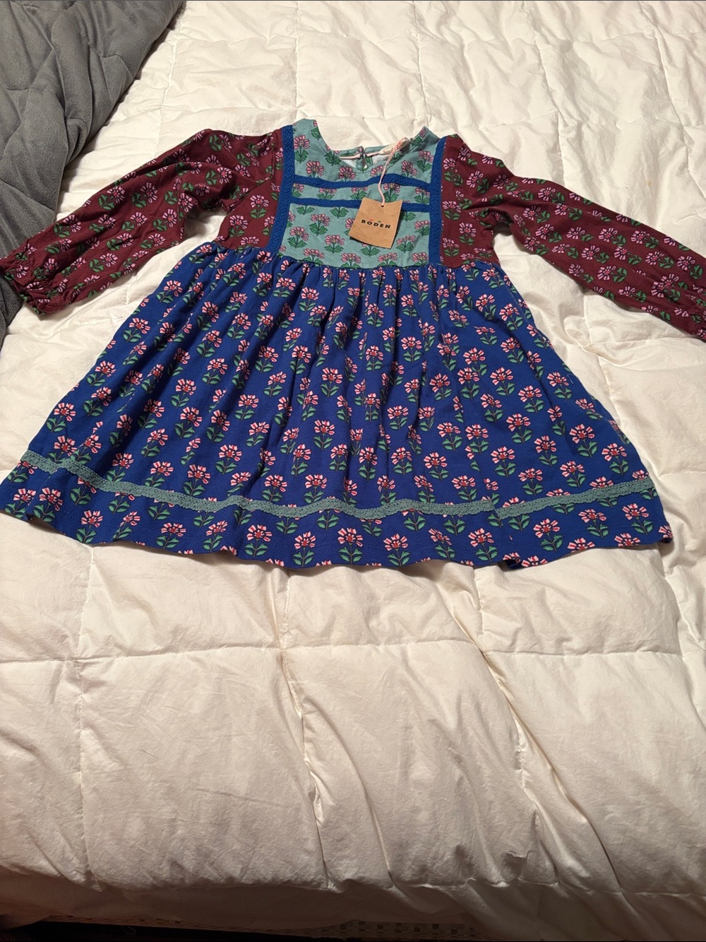 Mini Boden Girls' Floral Patchwork Dress - Blue & Burgundy